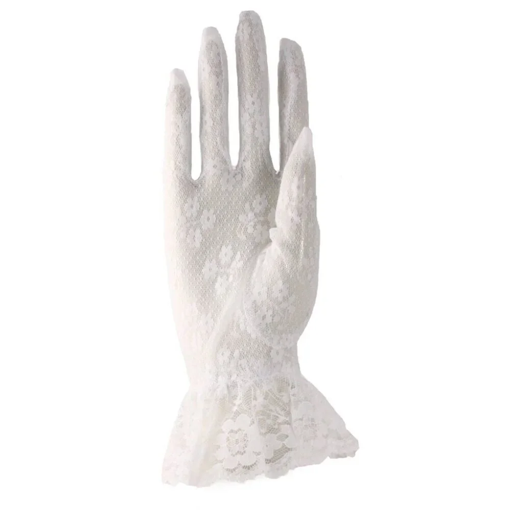 White Lace Gloves Wrist Length w Ruffle Dressy Weddings Party Bridal Prom